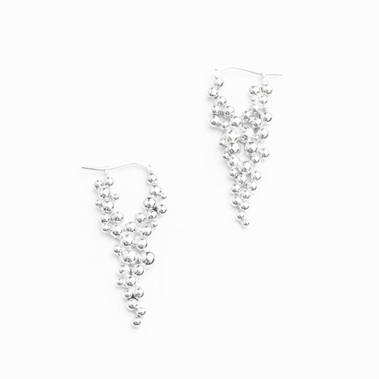Boucles dormeuses en argent sterling avec cascade de granules argentées.
