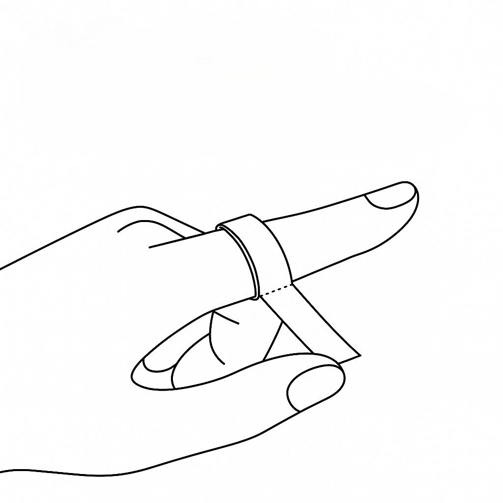 Illustration montrant comment mesurer la circonférence du doigt avec une ficelle ou une bande de papier pour déterminer la taille de bague.